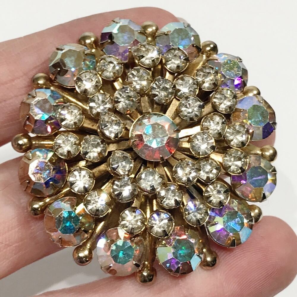 Vintage Signed Kandell Marcus NY AB Aurora Borealis Rhinestone Gold Tone Brooch